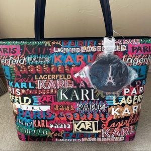 NWT! Karl Lagerfeld Paris Multicolored Logo Tote + Eiffel Tower Coin Purse